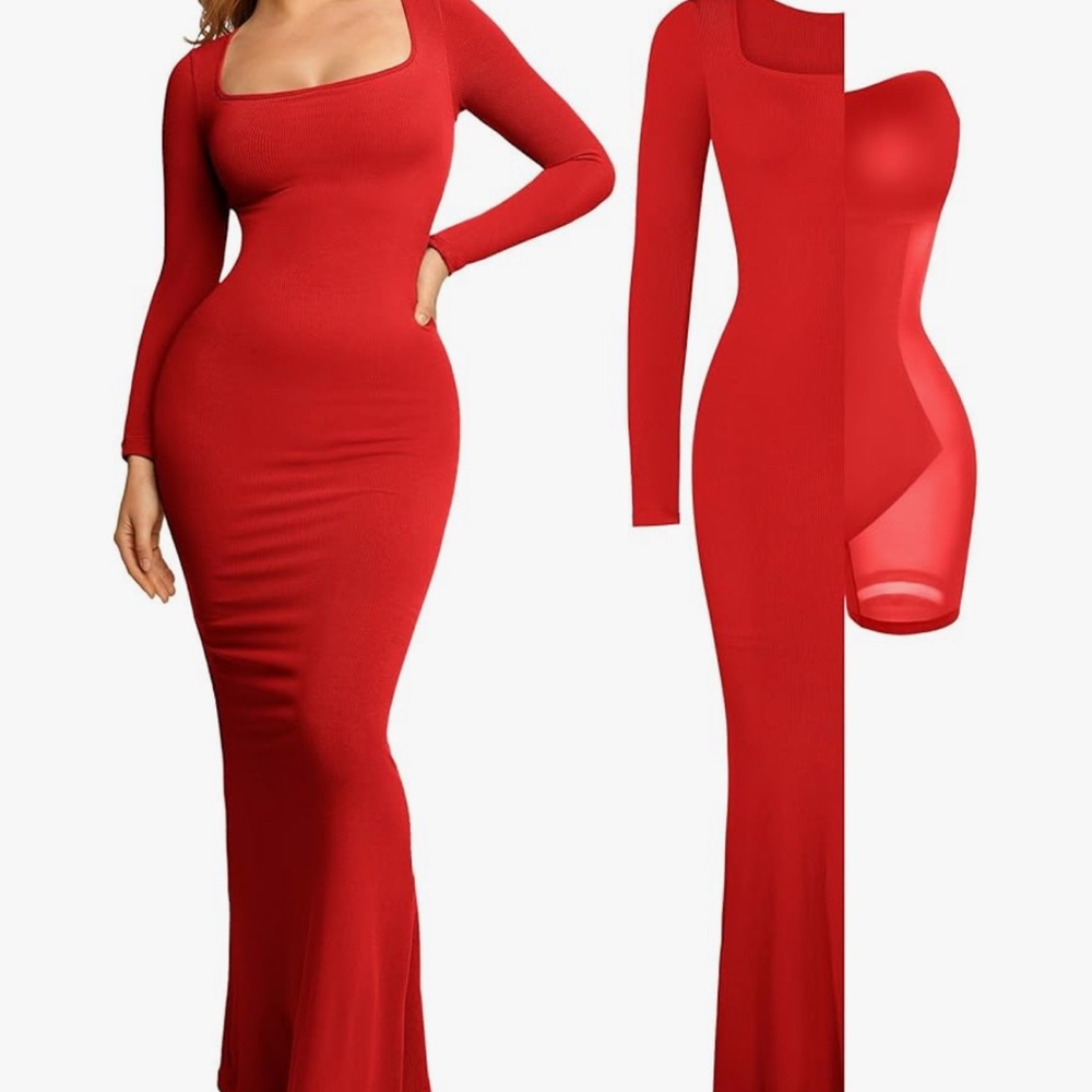 Chic Long Sleeve Red shapewear Dress